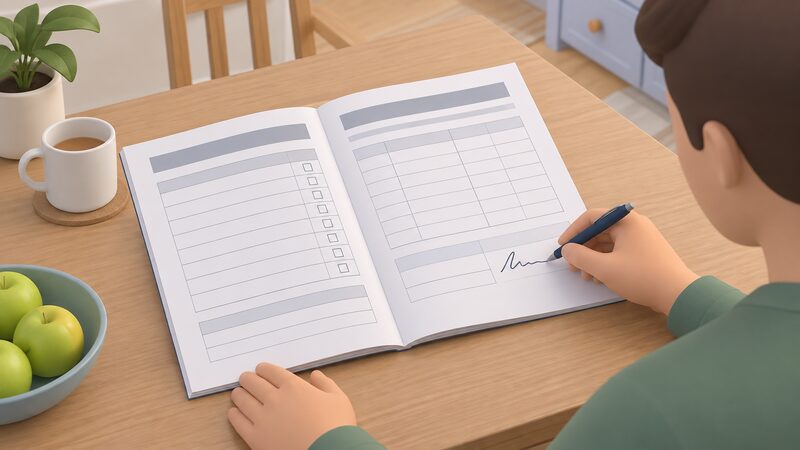 An open boiler instruction manual lying on a table, turned to its inside back pages where a completed Benchmark Commissioning Checklist and a service record appear as printed forms with blank entry lines, with a homeowner's hand signing the checklist.