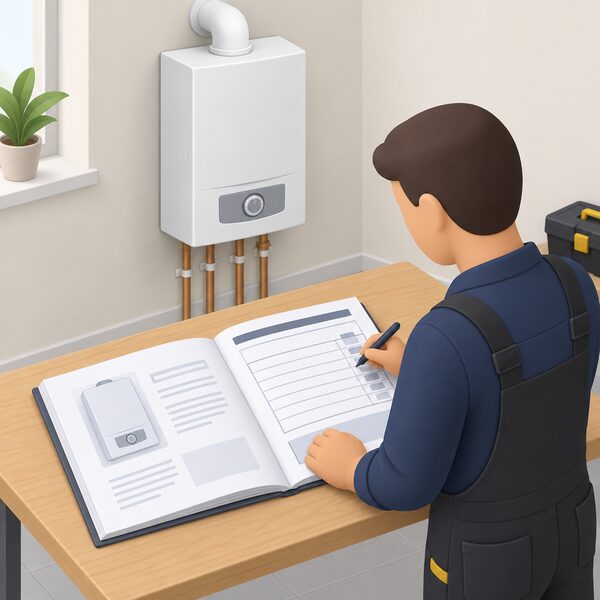 An open boiler instruction manual lying on a table with the Benchmark commissioning checklist page at its back, filled in by a Gas Safe registered installer who stands beside it completing the blank lines with a pen, the wall-mounted boiler visible nearby.