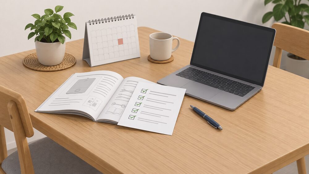 A kitchen table with an open boiler instruction manual lying flat, a completed commissioning checklist sheet resting on its open back pages, a blank-screen laptop beside it, a wall calendar and a pen, all arranged as a household registering a new boiler's warranty.