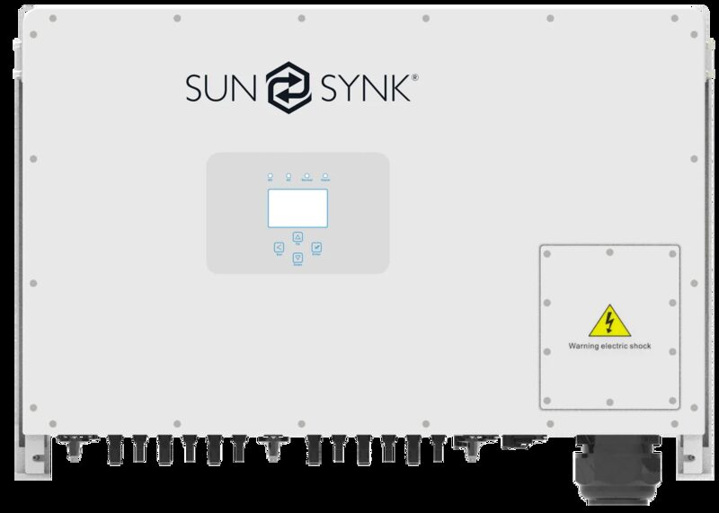 A Sunsynk 50kW three-phase string hybrid inverter, a white wall-mounted unit with display panel and connection terminals