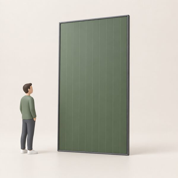 A single coloured photovoltaic module shown as one standalone panel product, its surface in a plain muted colour rather than the standard blue-black, displayed upright in a simple studio-like setting with no array behind it.