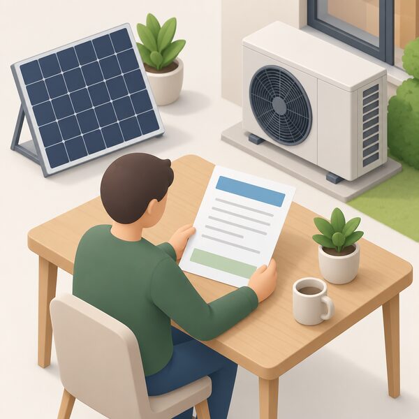 A physical MCS certificate document lying on a table beside a solar panel and a heat pump, shown as a printed sheet with blank lines and plain colour bands carrying no readable words or numbers, with a simplified isometric figure of a homeowner holding or examining it.