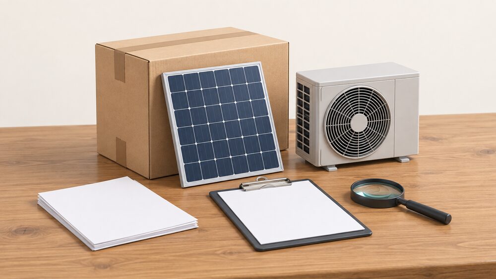 A small model solar panel leaning against a plain cardboard shipping crate beside a small model air source heat pump unit on a wooden table, with blank paperwork, a clipboard and a magnifying glass laid out as if a householder is checking where the goods came from.