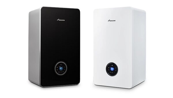 Two Worcester Bosch Greenstar wall-mounted combi boilers, one black and one white, shown side by side on a plain background