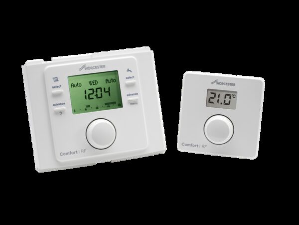 Worcester Comfort I RF programmable room thermostat and its wireless controller shown side by side on a white background