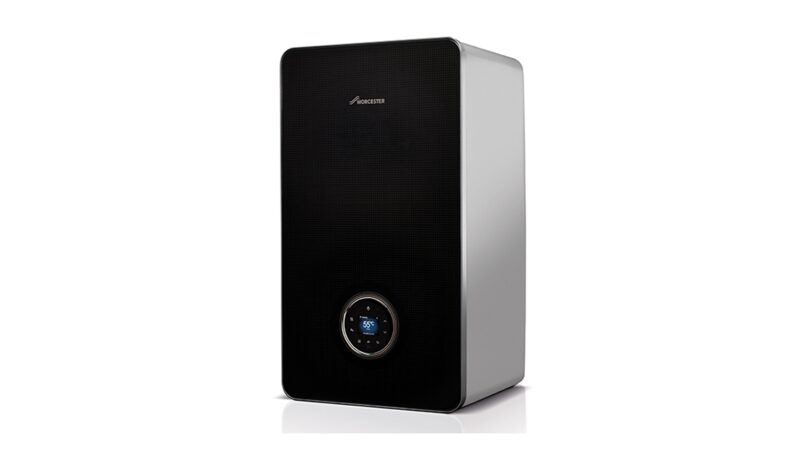 A Worcester Bosch combi boiler, black front panel with silver sides and a round digital display, on a white background