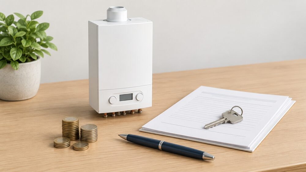A small model of a wall-hung gas combi boiler standing on a table beside blank paperwork, a pen and a small stack of coins, with a house key resting on the papers.
