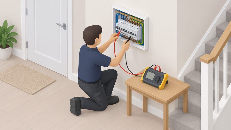 A registered electrician in plain work clothing kneels beside an open consumer unit with its front cover removed, testing the circuits with a multifunction tester resting on a nearby surface, inside a UK home.