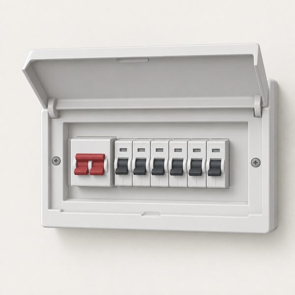 An open consumer unit with its main switch on one side and a single row of circuit breakers alone, with no RCD anywhere in the enclosure, drawn as a simple cutaway against a plain wall.