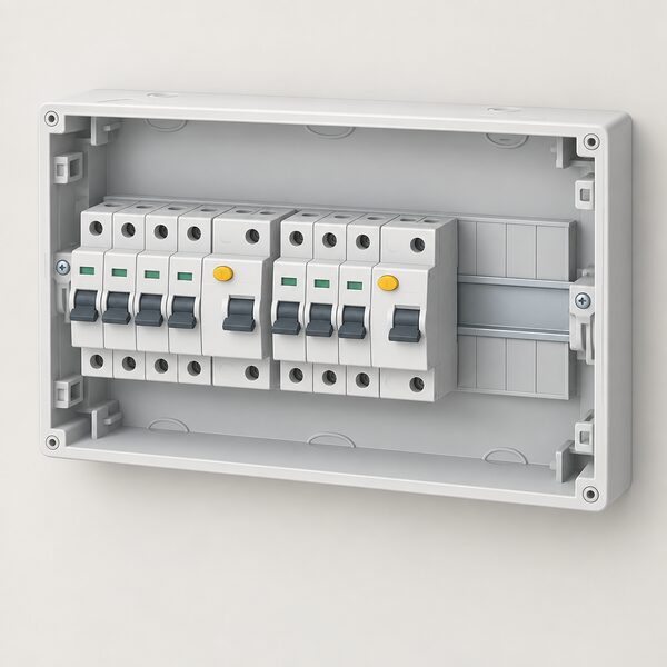 An open consumer unit enclosure with a row of miniature circuit breakers and two residual current device units, several empty ways visible beside them, mounted on a wall with the lid removed.