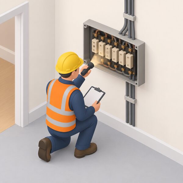 A competent electrician, shown as a small isometric figure with a torch and clipboard, kneels before an open older Wylex-style consumer unit with rows of rewirable fuse carriers, its cover removed to reveal the fuses during an assessment.