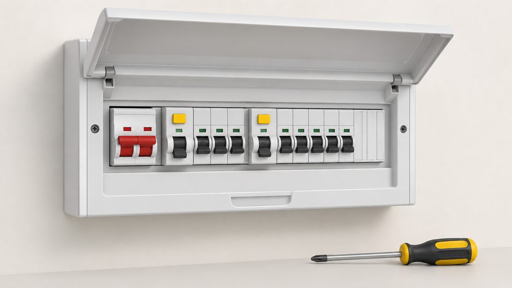 A wall-mounted consumer unit with its lid open, showing a row of circuit breakers, a main switch and residual current devices inside, with a screwdriver resting nearby against a plain wall.