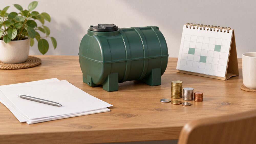 A small model of a domestic heating oil tank stands on a table beside blank paperwork, a loose stack of coins and a wall calendar, suggesting a household working out what a year of bulk oil deliveries costs.