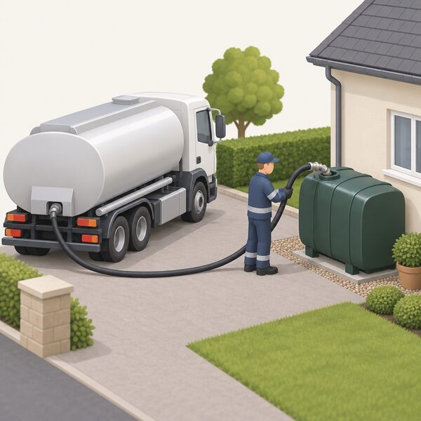 A delivery driver in plain work clothes stands beside a road tanker at a house driveway, holding a hose connected to the filler point of a domestic heating oil tank, with kerosene flowing into the tank as a batch delivery is made.