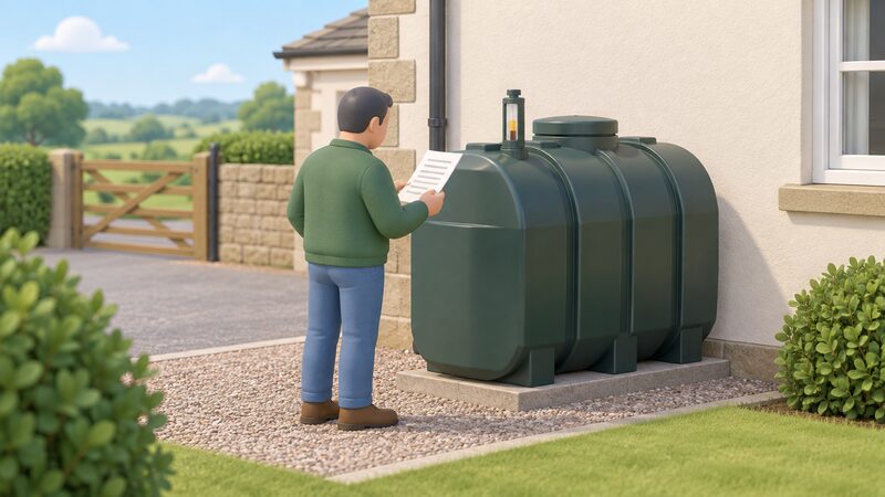 A householder stands beside an outdoor heating oil tank, reading a paper delivery note in one hand while looking at the tank's gauge showing the remaining oil level.