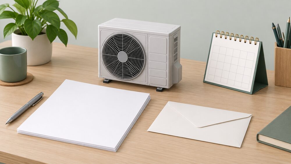 A small model of an air source heat pump outdoor fan unit stands on a desk beside blank application paperwork, a sealed envelope and a desk calendar, representing a grant voucher application for a heat pump installation.