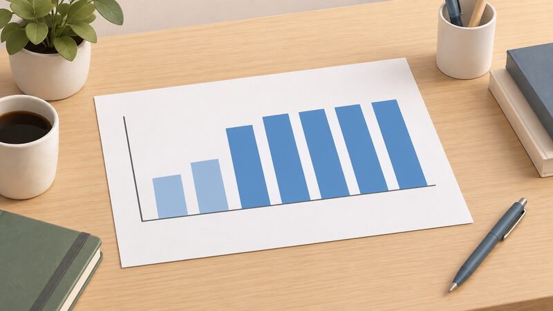 A printed bar chart sheet lying on a desk showing quarterly Boiler Upgrade Scheme installations across 2024 and 2025, with plain unlabelled bars rising from two lower quarters in early 2024 to a step up in late 2024 and then a flat plateau of similar-height bars through 2025.