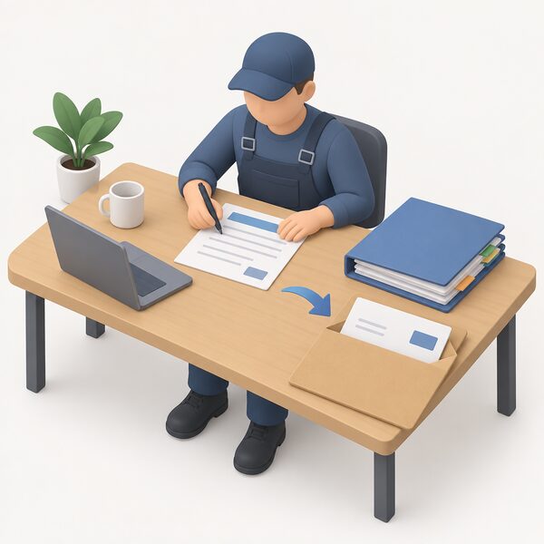 An installer figure at a desk completing a paper voucher application form, with the form shown as a physical document bearing blank lines and plain colour blocks, set beside a folder of installation paperwork ready to be sent to the regulator.