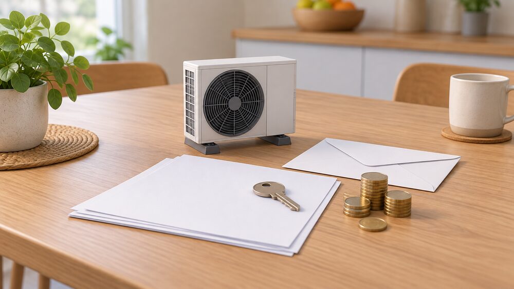 A small model of an air source heat pump outdoor fan unit stands on a kitchen table beside blank application paperwork, a sealed envelope and a small stack of coins, with a house key resting on the papers.