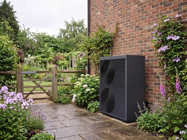 A grey air source heat pump unit installed outside a brick house in a garden with flowers and a wooden gate
