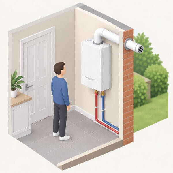 A wall-mounted gas combi boiler installed indoors in a home, shown with its connected flow and return pipework and a flue passing through the external wall, drawn as a simple cutaway interior scene.