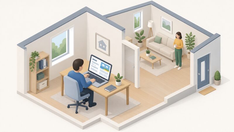 A simplified isometric assessor at a desk with a laptop showing a simulation screen with a plain weather file loaded, building details being entered, while a household figure stands apart in the background of the home, unseen by the assessor.