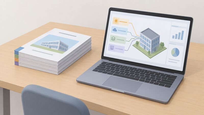 A tidy desk holds a neat stack of slim technical memoranda booklets beside an open laptop whose screen shows a simplified building simulation model with a plain weather file panel as one input among several, with no readable text anywhere.