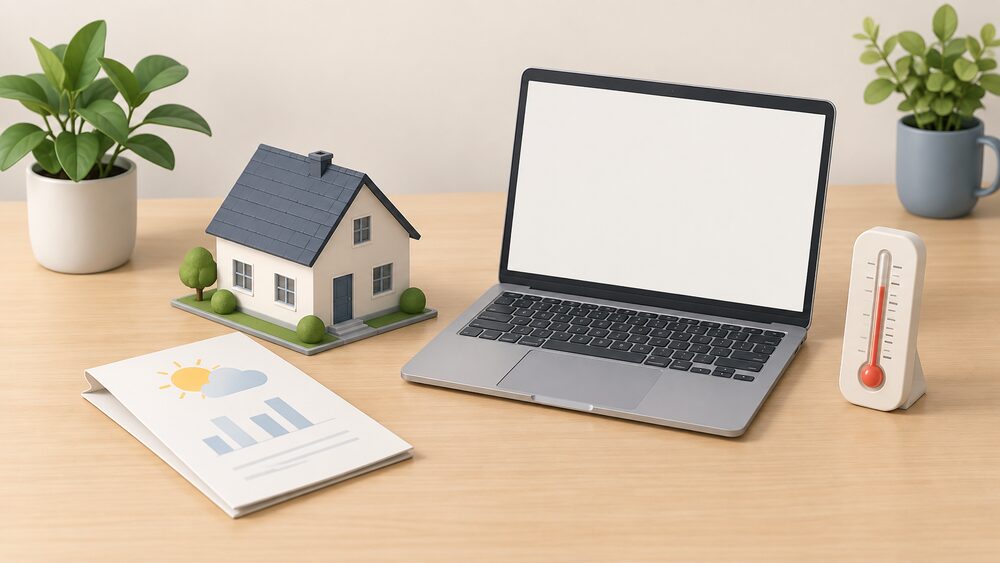 A small model house sits on a desk beside an open laptop with a blank screen, a folded paper document and a desk thermometer, suggesting the weather data files used to assess whether a home overheats.