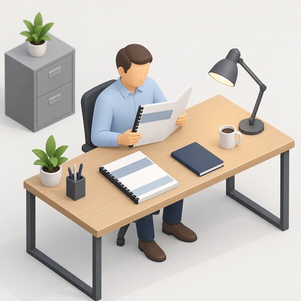 A bound technical memorandum lying on a tidy office desk, its plain cover carrying only blank title bands, beside a closed notebook and a desk lamp, with a simplified isometric figure of an engineer seated nearby reading a second similar bound document.