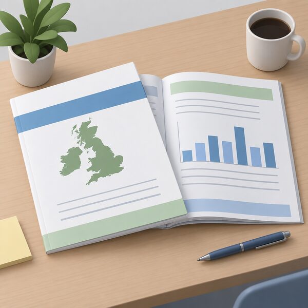 A printed statistical release document lying on a desk, its cover and inner pages showing plain colour bands and blank lines where the average temperatures and heating degree days figures would appear, with a simple bar chart printed on one visible page.