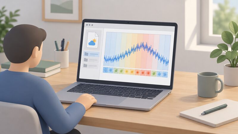 A laptop on a desk displays a building simulation program with a weather file open, showing a full-year chart of hourly temperature values as a continuous line across twelve plain month blocks, with no readable numbers or words.