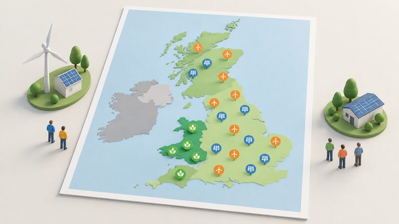 A simplified map of the UK drawn as a printed sheet, with plain colour markers showing locally owned renewable projects across Wales and community energy schemes spread across Great Britain, while Northern Ireland is left unmarked.