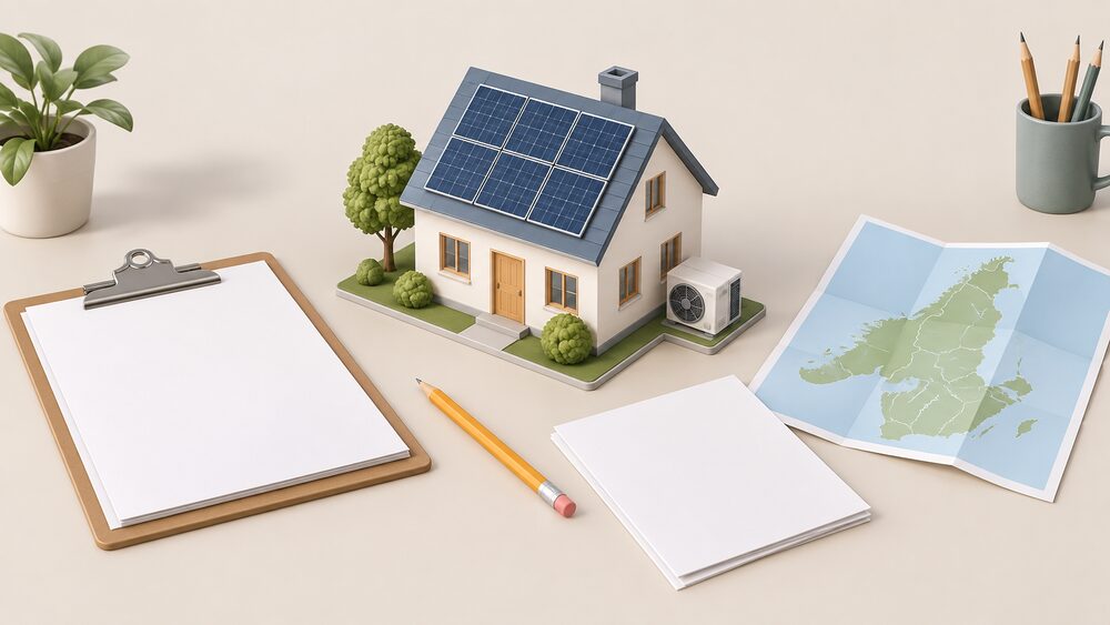 A small model house with rooftop solar panels and a tiny heat pump unit stands on a desk beside blank official-looking paperwork, a clipboard, a folded map of a nation and a pencil, suggesting the counting of locally owned renewable projects.