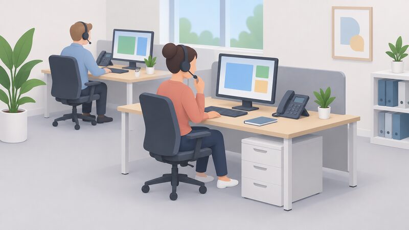 A small isometric advice-centre scene showing a seated adviser wearing a headset taking a call at a desk with a screen and telephone, with a second adviser at another desk in the background, all in a simple open-plan office.