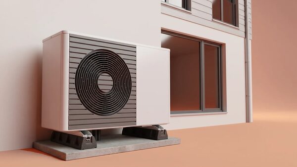An air-to-air heat pump unit mounted on a concrete base outside a modern house wall