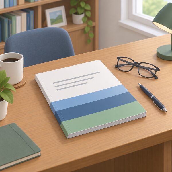 A printed official statistics report lying closed on a wooden desk, its cover carrying plain colour bands and blank lines instead of any readable title, beside a pair of reading glasses and a pen, in a simply drawn study setting.