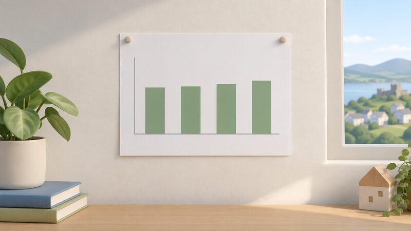 A printed chart sheet pinned to a wall, showing a simple line or bar chart of renewable generation as a share of Welsh electricity consumption across four years, with plain unlabelled bars or a line moving within a narrow band and no readable numbers or words.