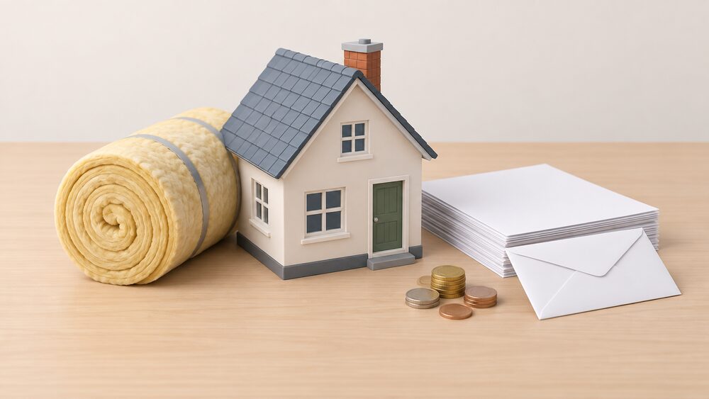 A small model house with a roll of loft insulation resting against it sits on a desk beside a stack of blank official-looking paperwork, a sealed envelope and a few coins, suggesting a counted and verified energy efficiency measure.