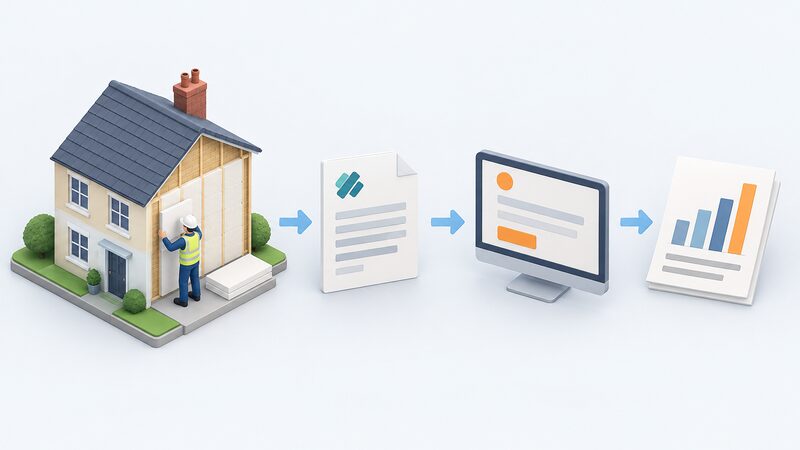 A simplified isometric flow showing an installer figure completing an insulation installation at a house, then a lodgement document passing to a TrustMark-style record, then an Ofgem-style notification screen, ending at a printed statistics sheet with plain bars.
