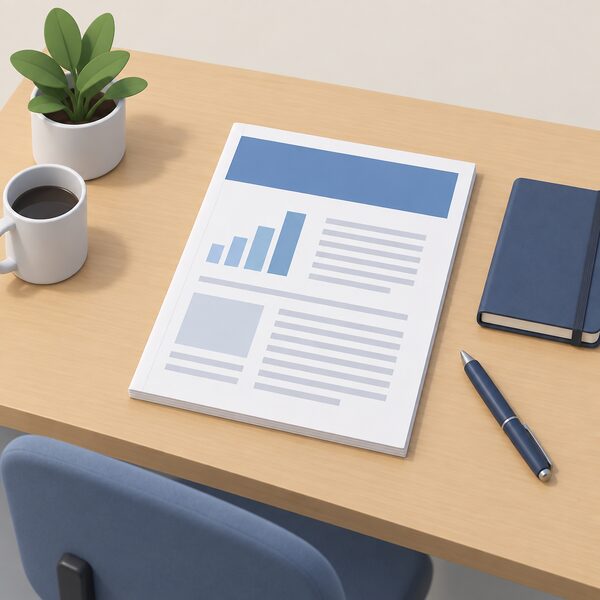 A printed official statistics release lying on an office desk, shown as a physical document with a plain colour title band and blank line blocks for figures, beside a closed notebook and a pen, with no readable words or numbers anywhere on its pages.