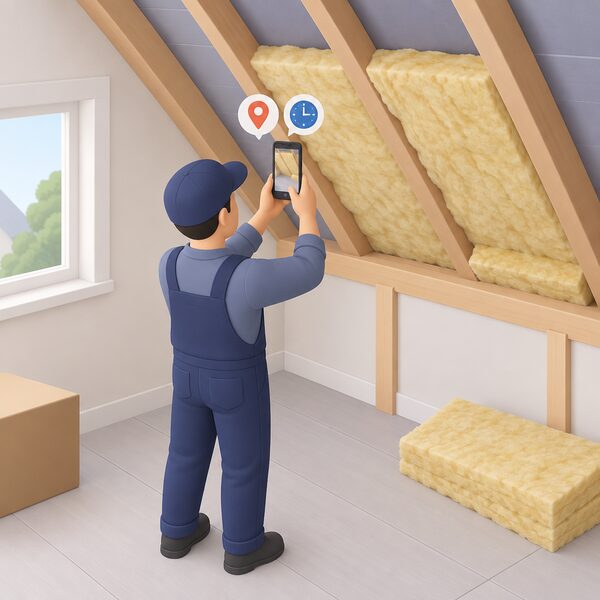 An installer in plain work clothing holds a smartphone aimed at insulation material being fitted into a wall or loft space inside a home, capturing a photograph, with a small location pin and clock symbol floating above the phone screen to show the image is geotagged and time-stamped.