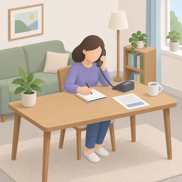 A householder seated at a table in a home living room holds a telephone to their ear, taking notes on a notepad, while a plain printed advice sheet lies on the table beside them, showing the free helpline conversation in a domestic setting.