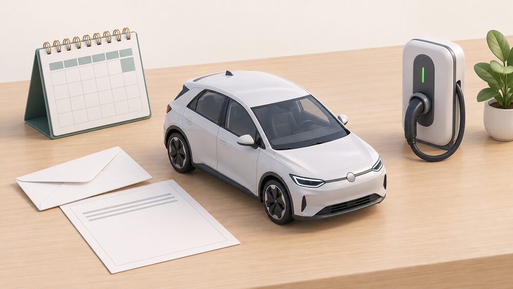 A small model of a battery electric car parked beside a blank registration document and envelope on a table, with a desk calendar marking a new month and a miniature home wall charger standing nearby.