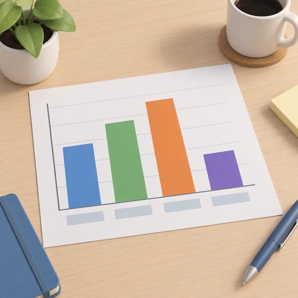 A printed bar chart sheet lying on a desk showing four plain vertical bars of different heights, one for each of the four months listed in the table, with blank label strips beneath the bars and no readable words or numbers anywhere.