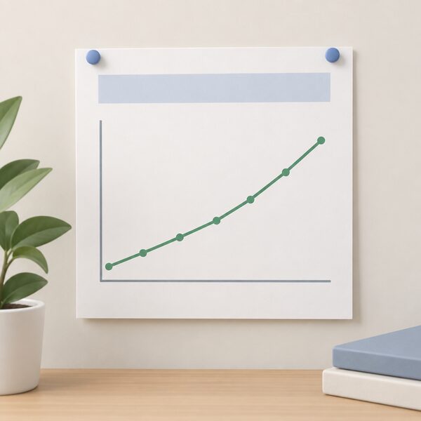 A printed chart sheet pinned on a wall showing a single rising line across plain bars-free axes, with the line climbing steadily from a low start to a higher end point, no readable numbers or words anywhere on the sheet.