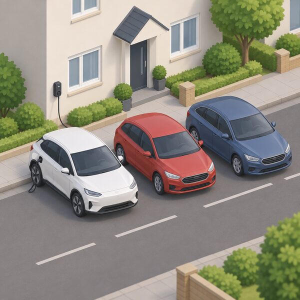 A quiet residential street with three parked cars side by side: an electric car with its charging cable running to a wall-mounted chargepoint on the house wall, a petrol car and a diesel car beside it, all shown in a simple isometric style.