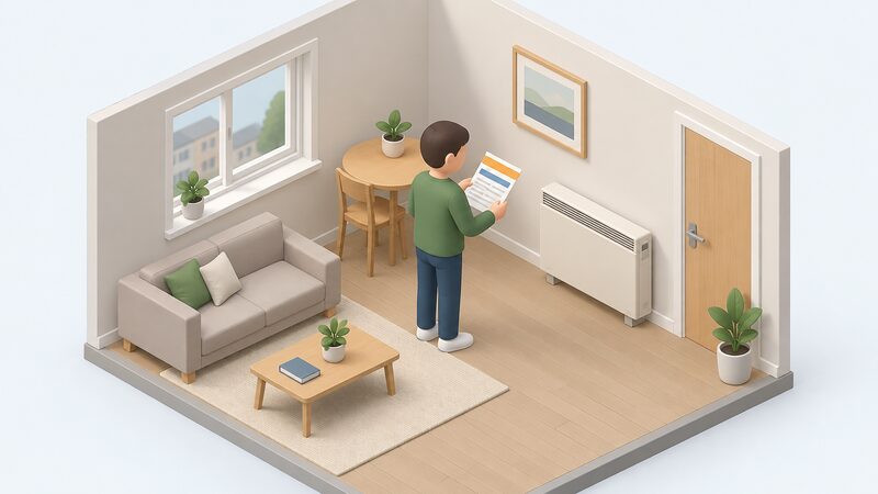 A simplified isometric householder stands in a small flat beside a wall-mounted storage heater, holding a paper electricity bill and looking at it, with the bill shown as a physical sheet bearing only blank lines and plain colour bands.