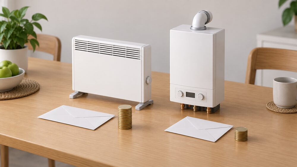 A small model of a wall panel heater and a small model of a gas boiler sit side by side on a kitchen table, each beside a plain unopened bill envelope, with a short stack of coins in front of the panel heater's envelope and a taller stack in front of the boiler's.
