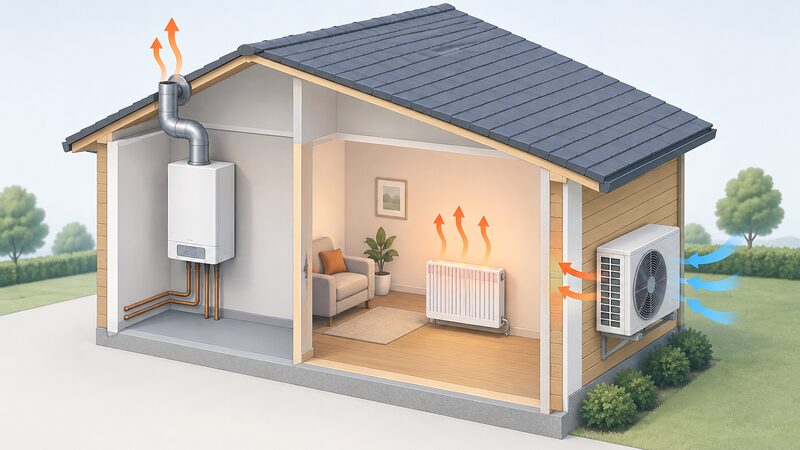 A cutaway diagram of a single house showing three conversion routes side by side: a gas boiler inside with a flue rising through the wall venting heat outside, a resistance heater with an element releasing heat into the room, and a heat pump outdoor unit on the outside wall drawing heat from the outside air into the building.