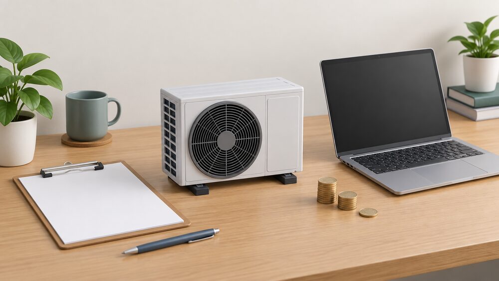 A small model of an air source heat pump outdoor fan unit stands on a desk beside a clipboard with blank paperwork, a laptop with a blank screen and a few coins, suggesting a monitored trial being recorded rather than modelled.